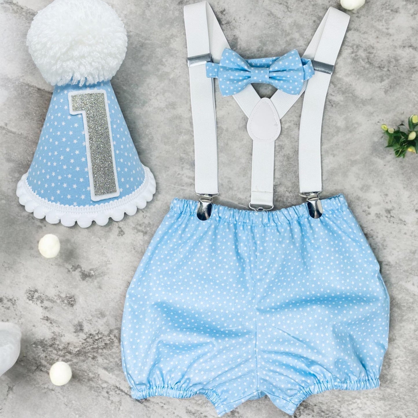 Baby Boy Blue Polka Dot Stars First Birthday Cake Smash Outfit Set