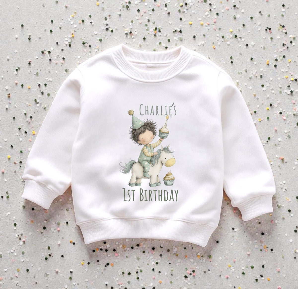 Personalised Baby Birthday Outfit – Unicorn Sweatshirt & Handmade Party Hat Set