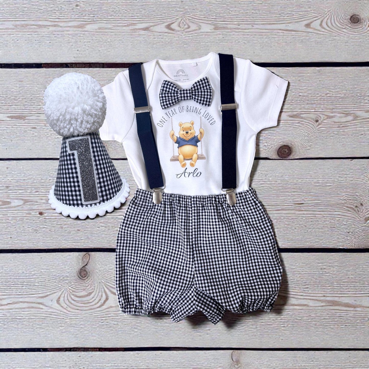 Personalised Baby Boy Birthday Outfit – Honey Bear Cake Smash Set, Handmade