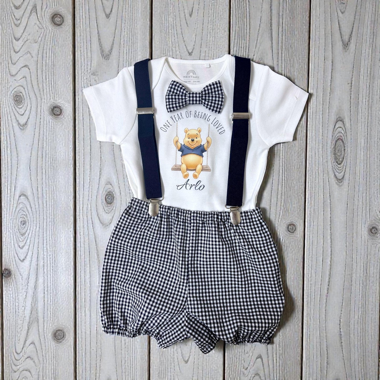 Personalised Baby Boy Birthday Outfit – Honey Bear Cake Smash Set, Handmade