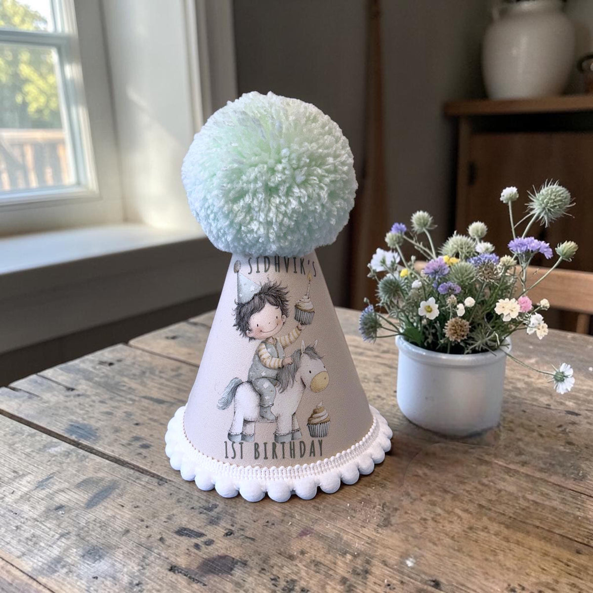 Personalised Baby Birthday Party Hat – Handmade Printed First Birthday Cake Smash