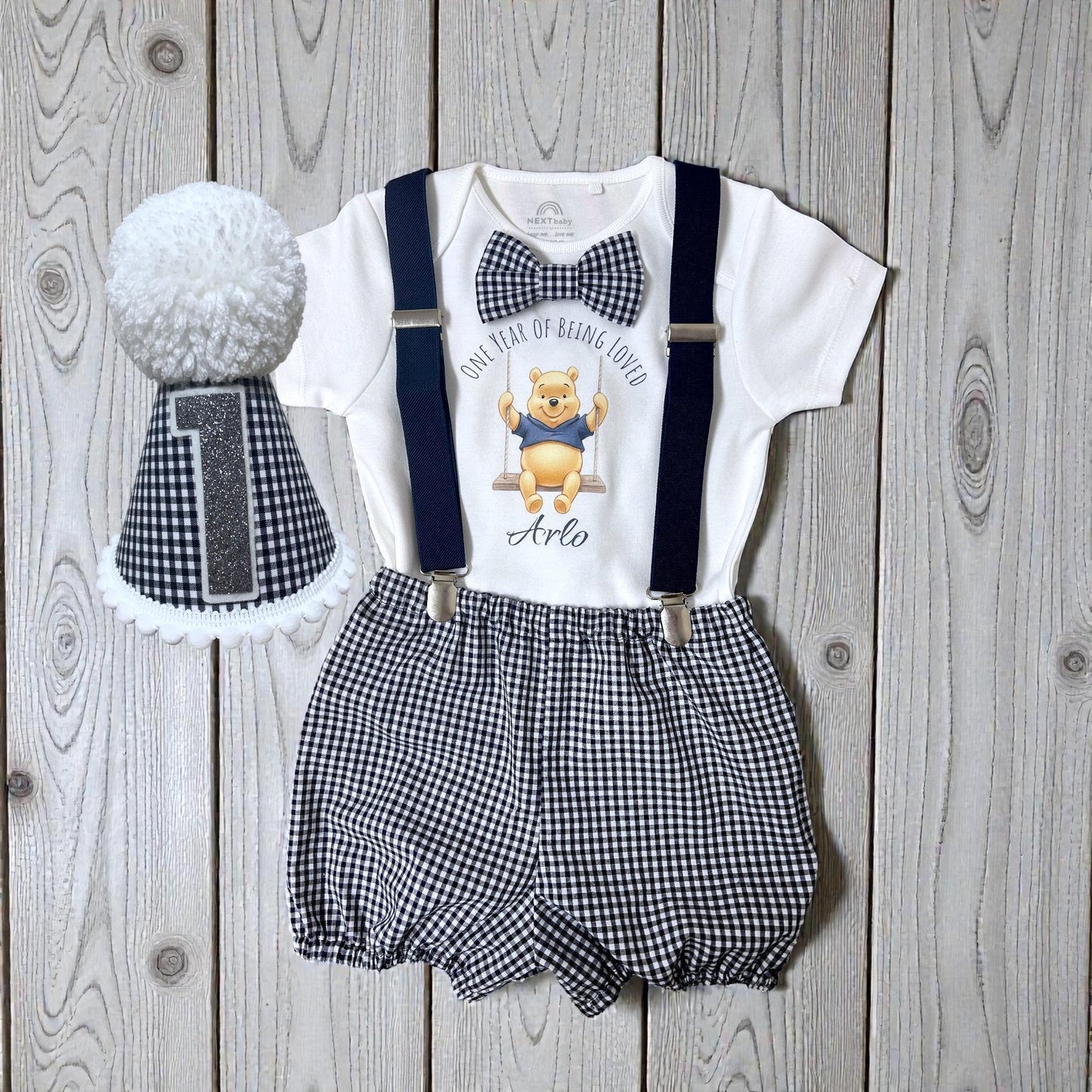 Personalised Baby Boy Birthday Outfit – Honey Bear Cake Smash Set, Handmade