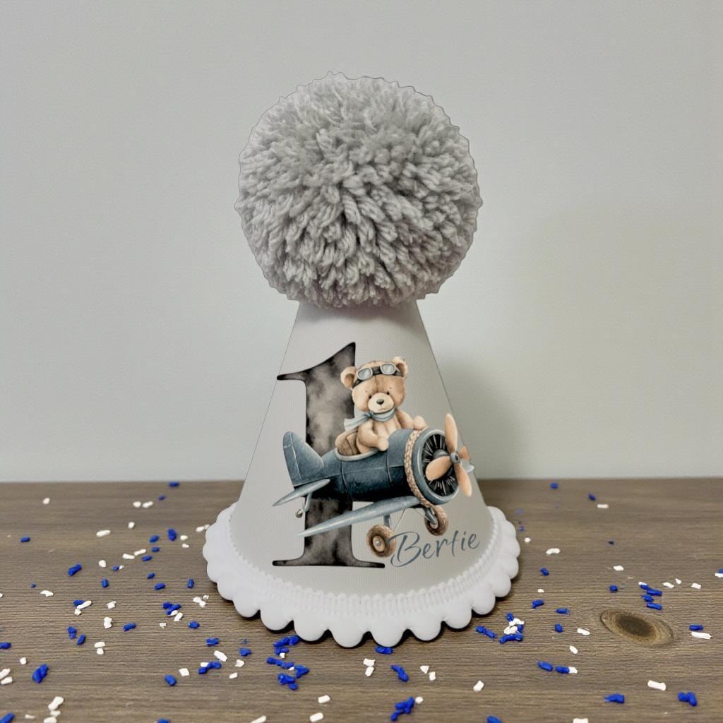 Personalised Baby Birthday Party Hat – Handmade Pilot Bear First Birthday Cake Smash
