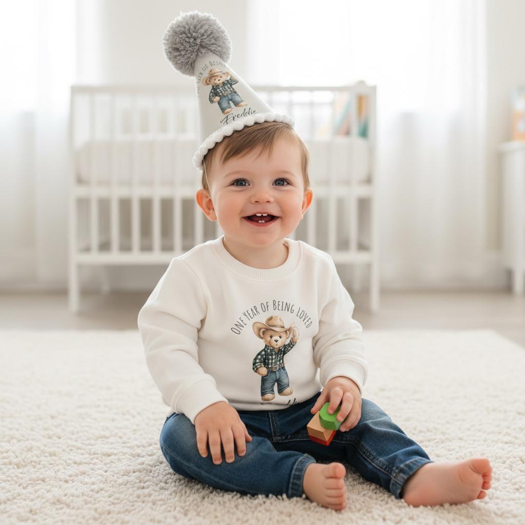 Personalised Cowboy Bear Birthday Sweatshirt and Hat - Printed Baby Top