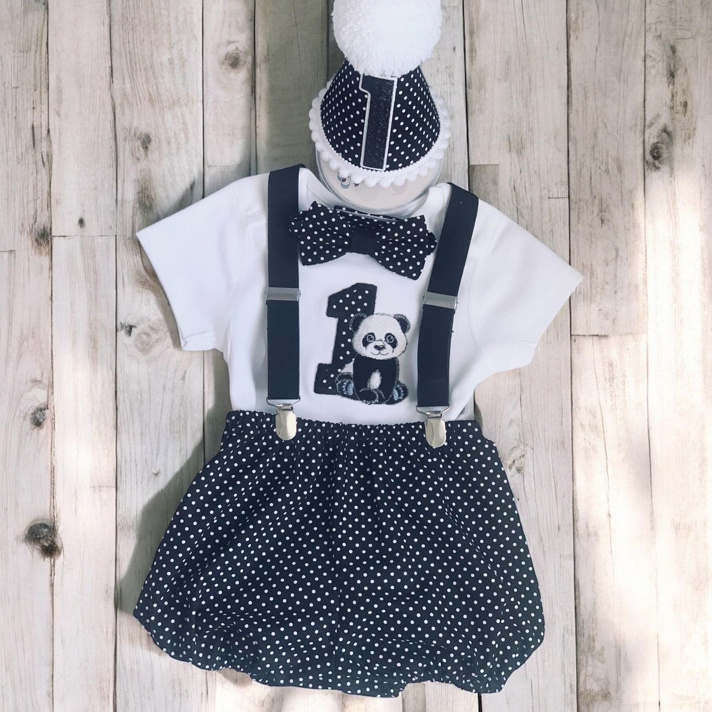 Personalised Panda Cake Smash Outfit | Baby Boy 1st Birthday Polka Dot Set with Hat