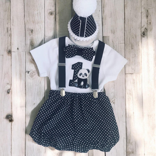 Personalised Panda Cake Smash Outfit | Baby Boy 1st Birthday Polka Dot Set with Hat