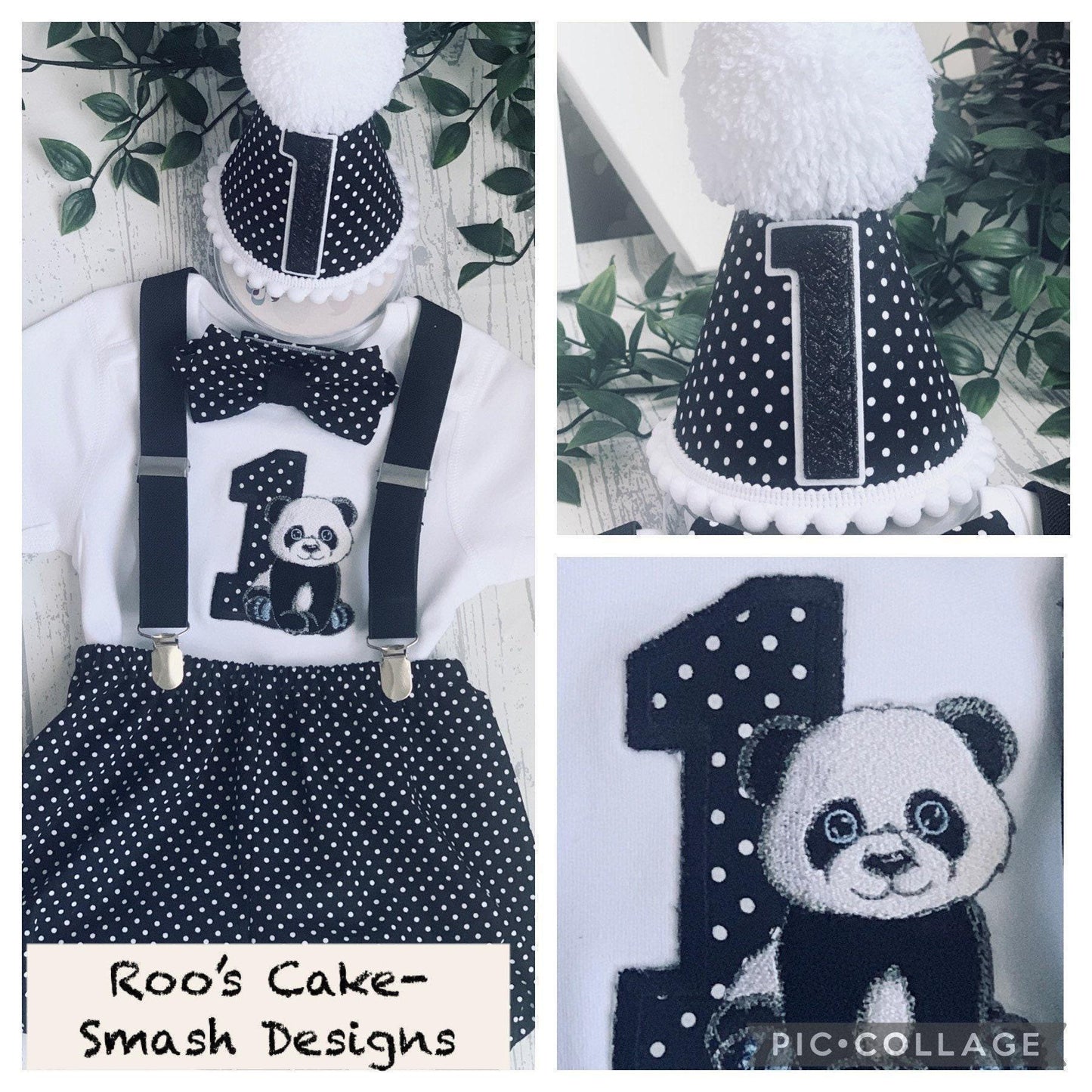 Personalised Panda Cake Smash Outfit | Baby Boy 1st Birthday Polka Dot Set with Hat