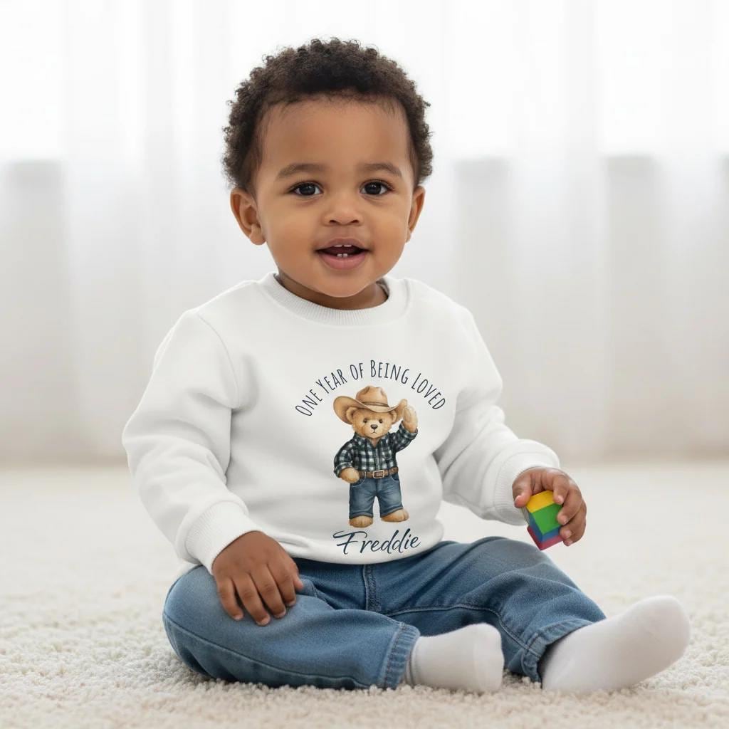 Personalised Cowboy Bear Birthday Sweatshirt and Hat - Printed Baby Top