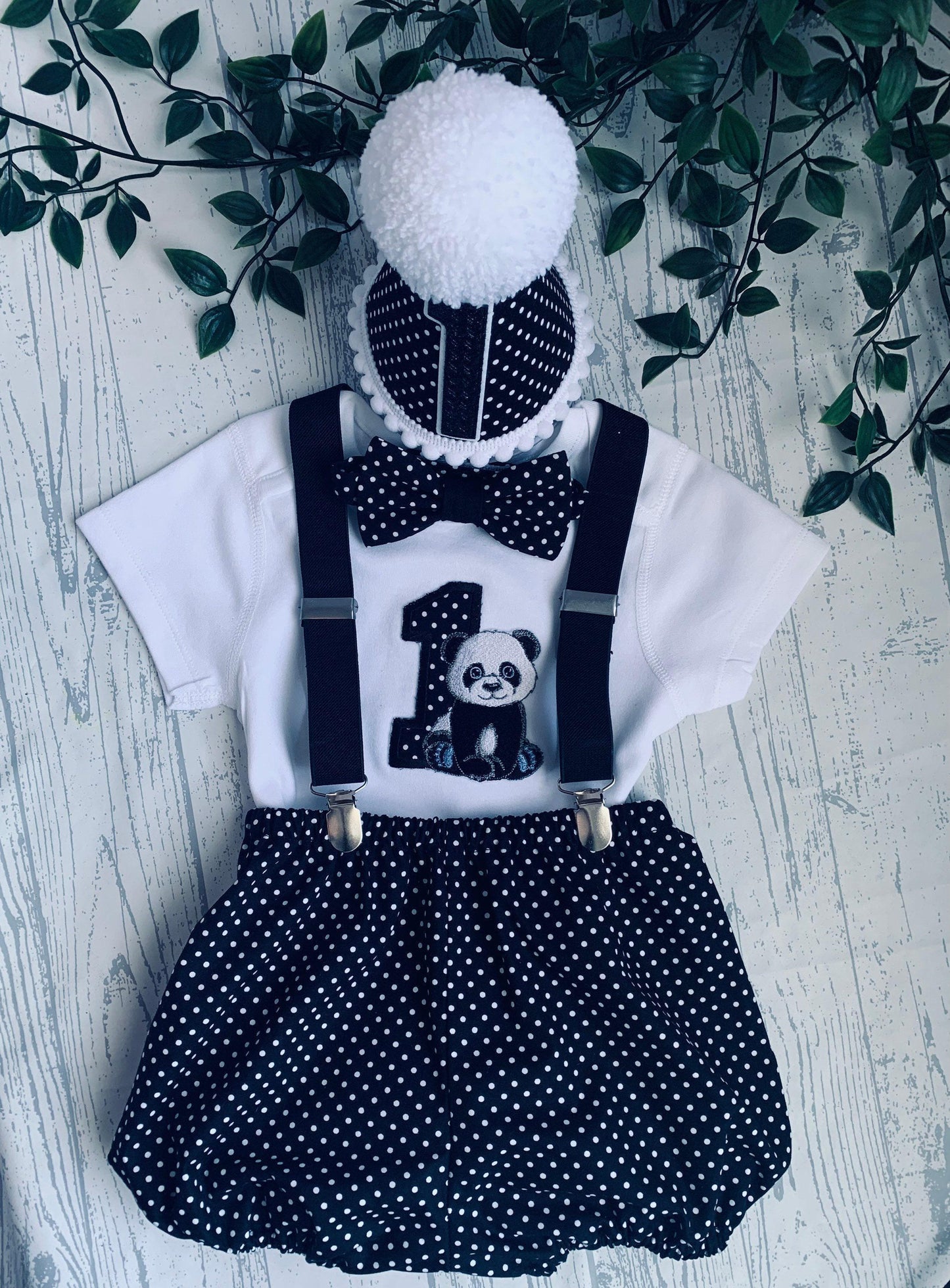 Personalised Panda Cake Smash Outfit | Baby Boy 1st Birthday Polka Dot Set with Hat