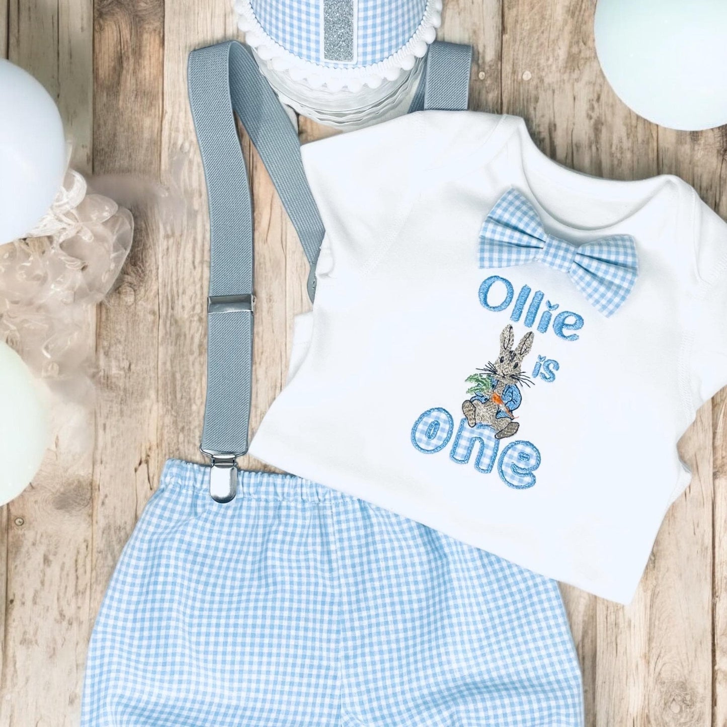 Personalised Favourite Rabbit Baby Boy 1st Birthday Outfit – Blue Gingham Cake Smash Set