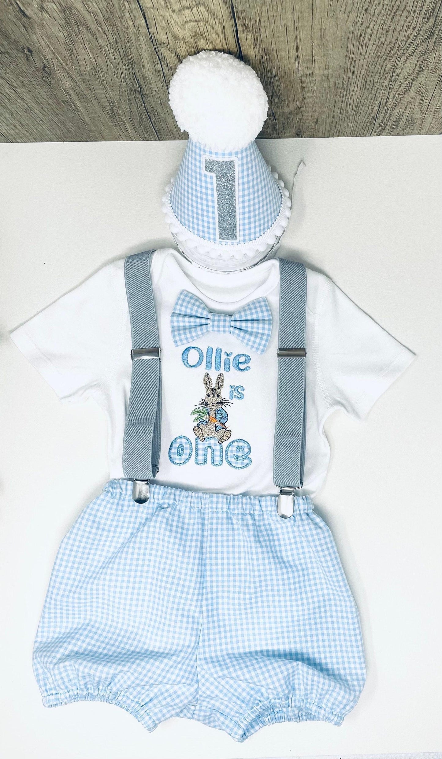 Personalised Favourite Rabbit Baby Boy 1st Birthday Outfit – Blue Gingham Cake Smash Set