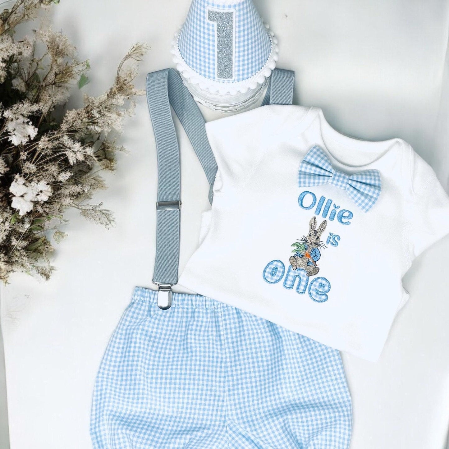 Personalised Favourite Rabbit Baby Boy 1st Birthday Outfit – Blue Gingham Cake Smash Set