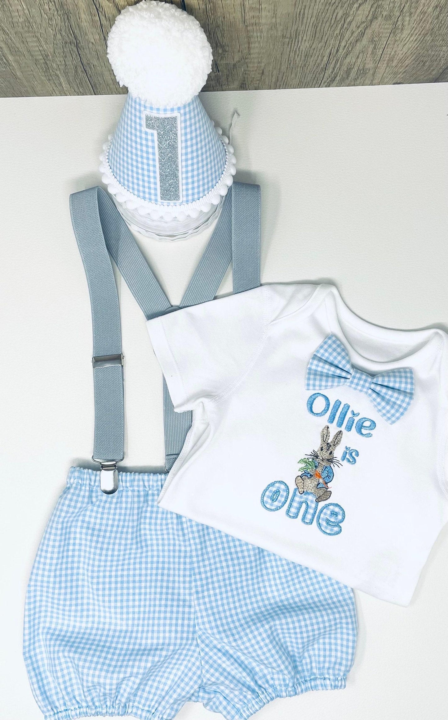 Personalised Favourite Rabbit Baby Boy 1st Birthday Outfit – Blue Gingham Cake Smash Set