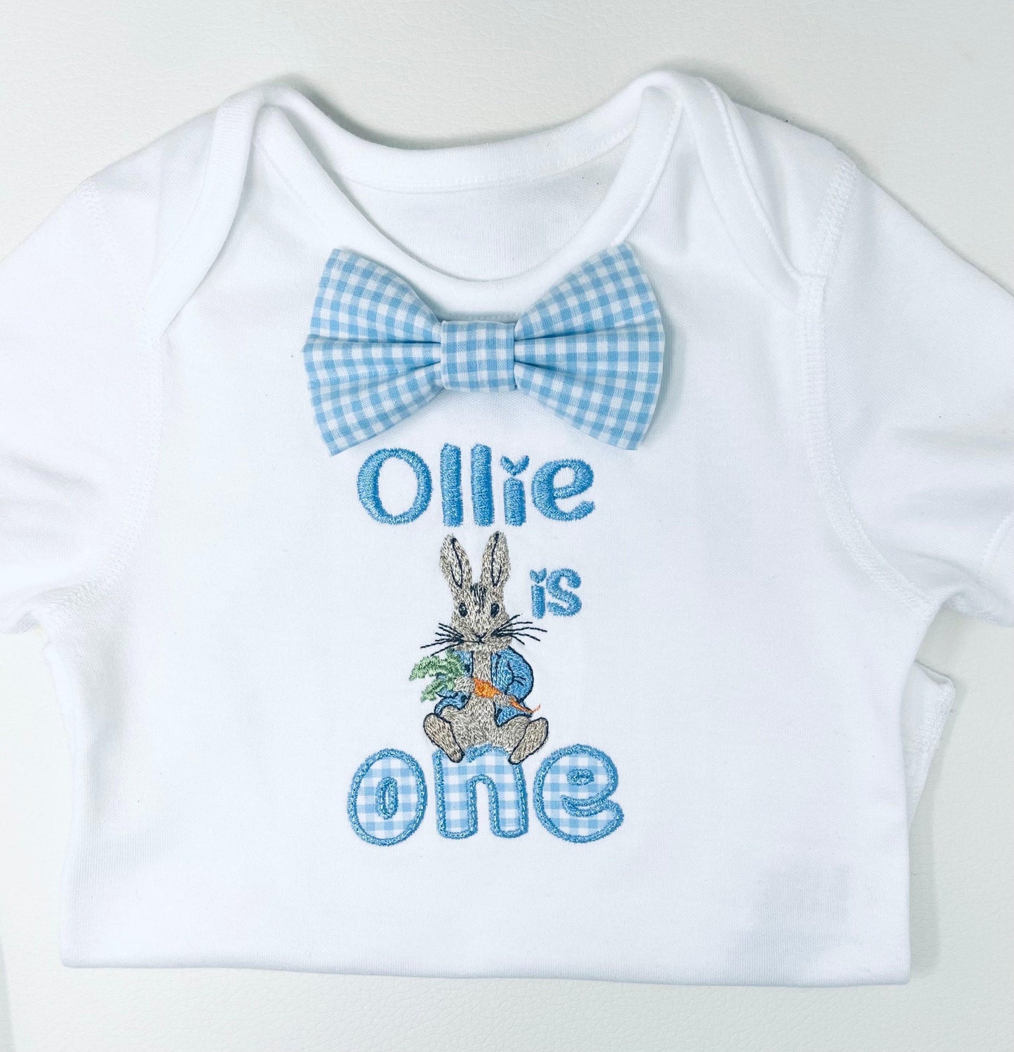 Personalised Favourite Rabbit Baby Boy 1st Birthday Outfit – Blue Gingham Cake Smash Set
