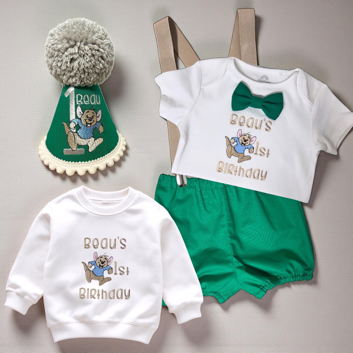 Personalised Green Birthday Outfit Baby Boy – Embroidered Cake Smash Set & Sweatshirt