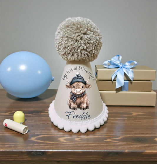 Baby Birthday Party Hat: Handmade Highland Cow - Personalised Name