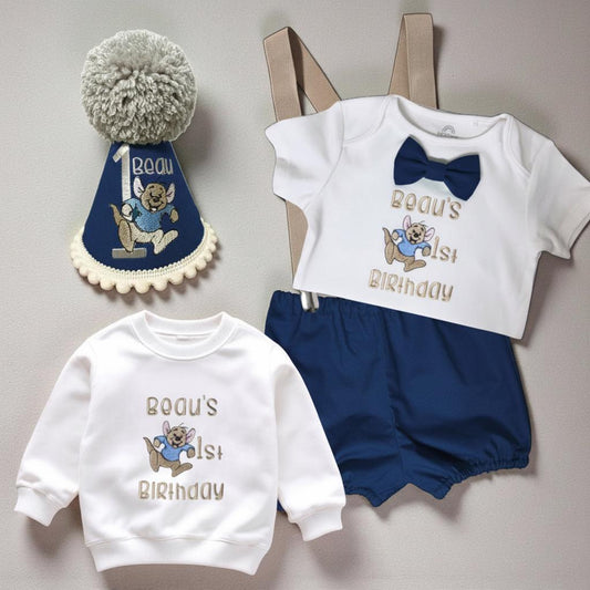Personalised Navy Kangaroo Birthday Cake Smash Outfit | Embroidered Set & Hat