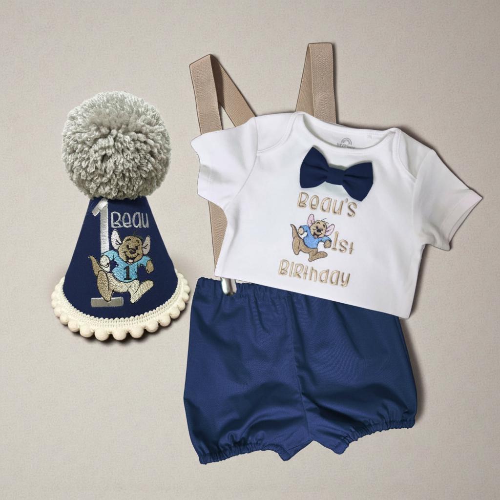 Personalised Navy Kangaroo Birthday Cake Smash Outfit | Embroidered Set & Hat