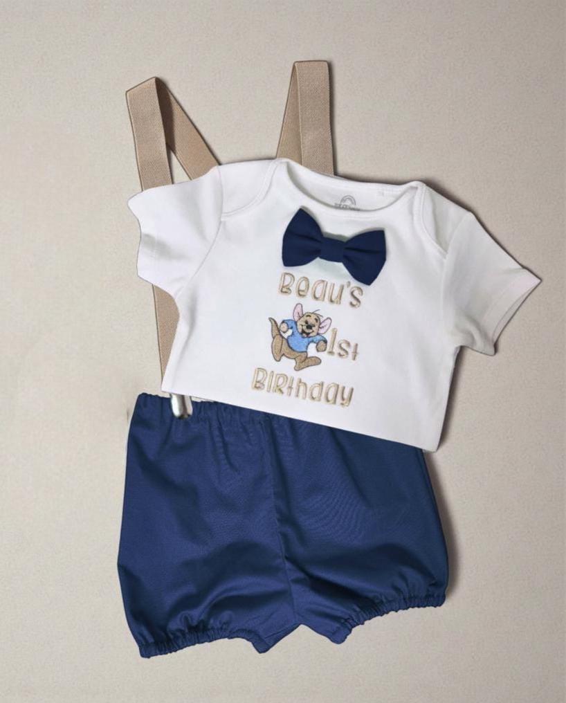 Personalised Navy Kangaroo Birthday Cake Smash Outfit | Embroidered Set & Hat