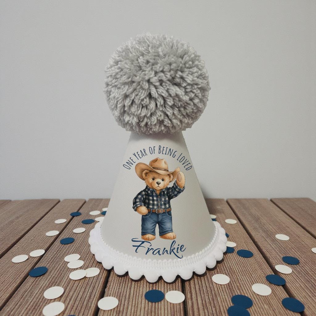 Personalised Baby Birthday Party Hat – Handmade Printed Cowboy Bear First Birthday