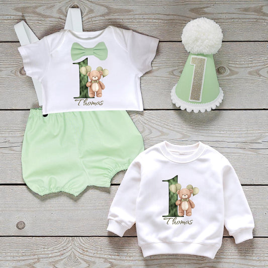Personalised Apple Green First Birthday Outfit with Optional Sweatshirt