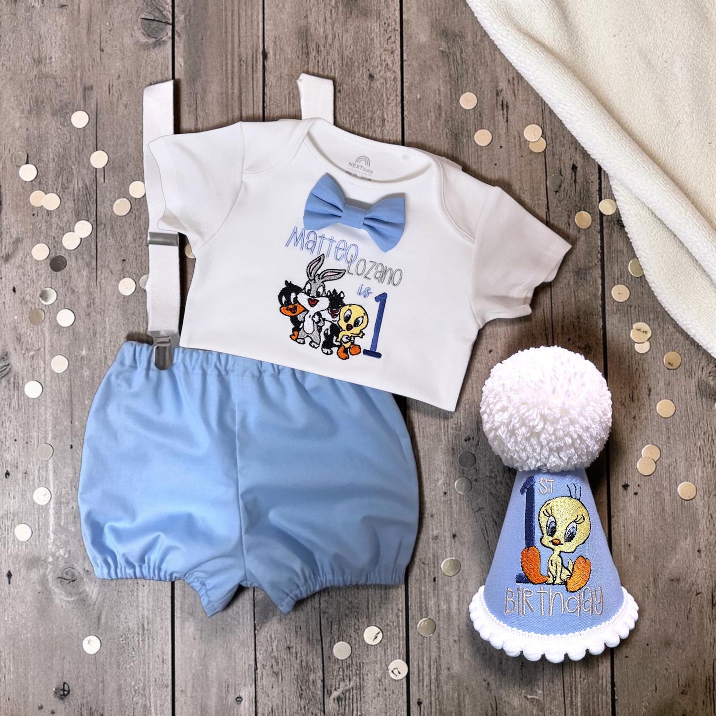 Cartoon Birthday Outfit | First Cake Smash Set | Personalised Baby Keepsake
