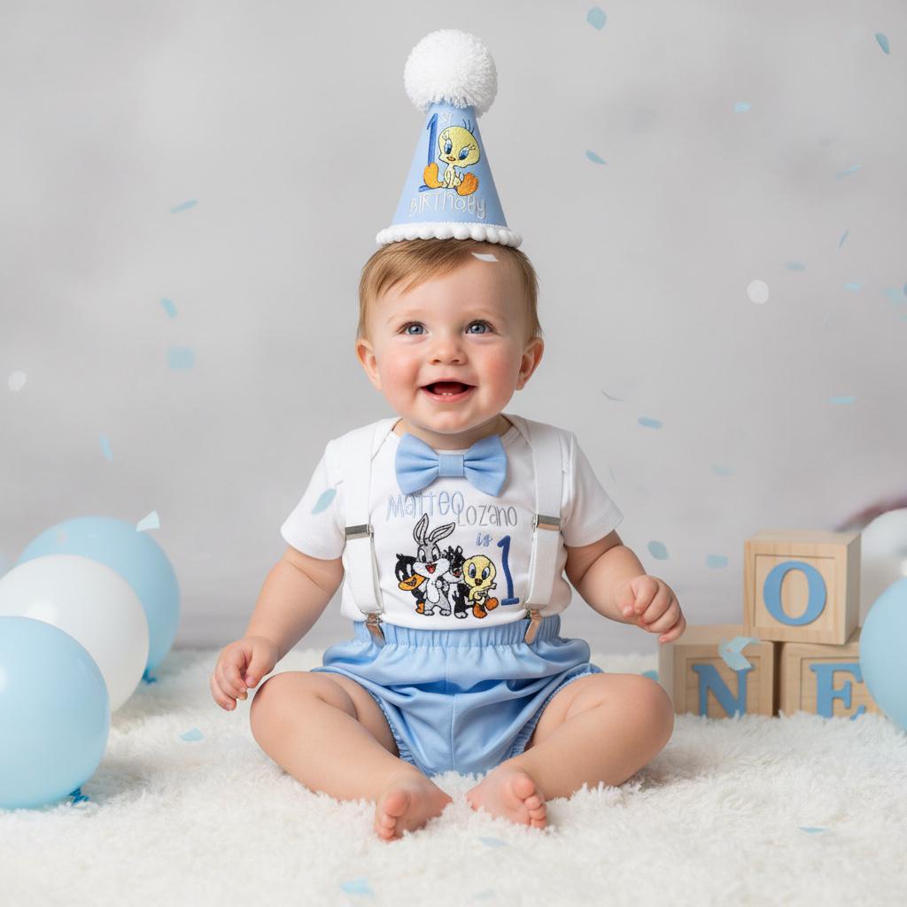 Cartoon Birthday Outfit | First Cake Smash Set | Personalised Baby Keepsake
