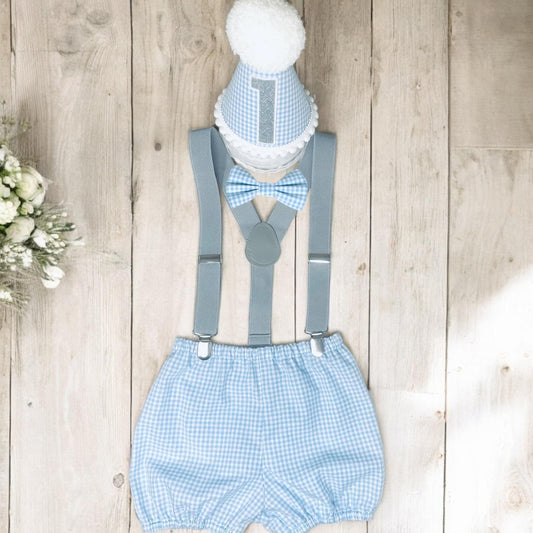 Baby Boy Blue Gingham 1st Birthday Cake Smash Outfit Set