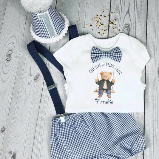 Personalised Teddy Bear Cake Smash Outfit, Baby Boy First Birthday Set