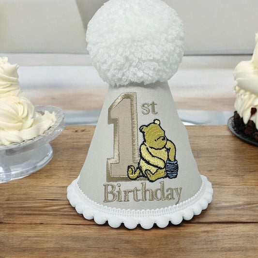 Personalised Classic Bear Birthday Hat – Cream Embroidered Keepsake