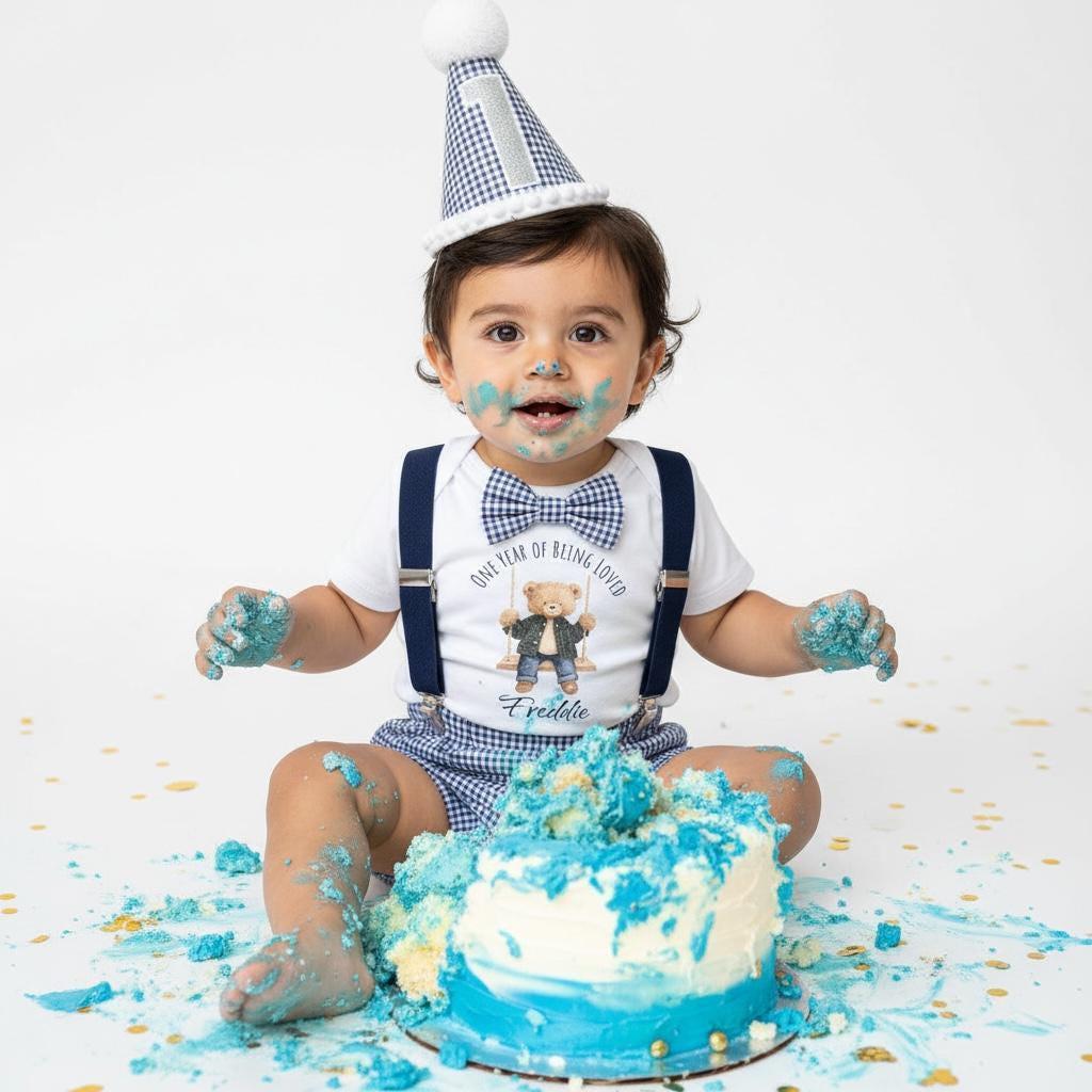Personalised Teddy Bear Cake Smash Outfit, Baby Boy First Birthday Set