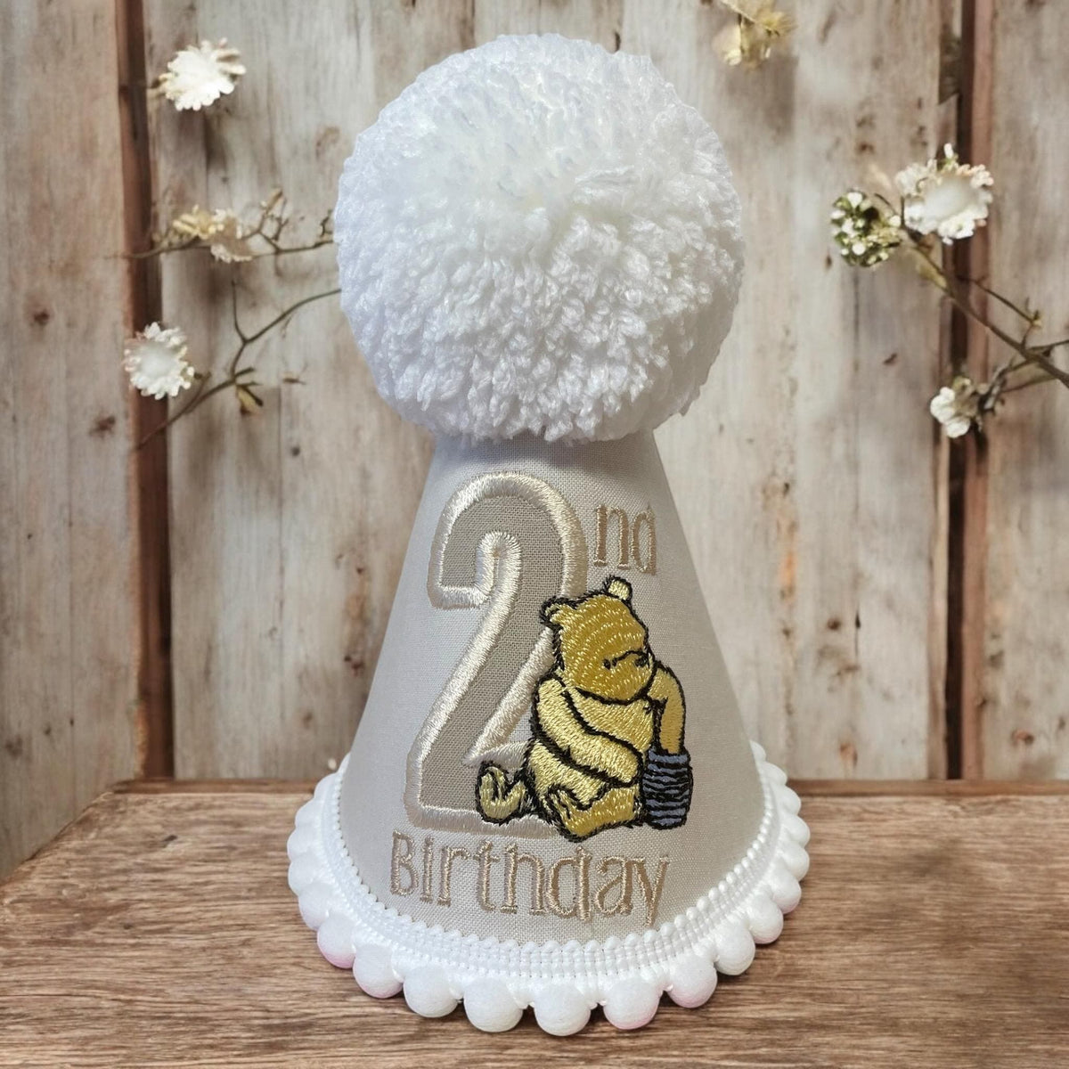 Personalised Classic Bear Birthday Hat – Cream Embroidered Keepsake