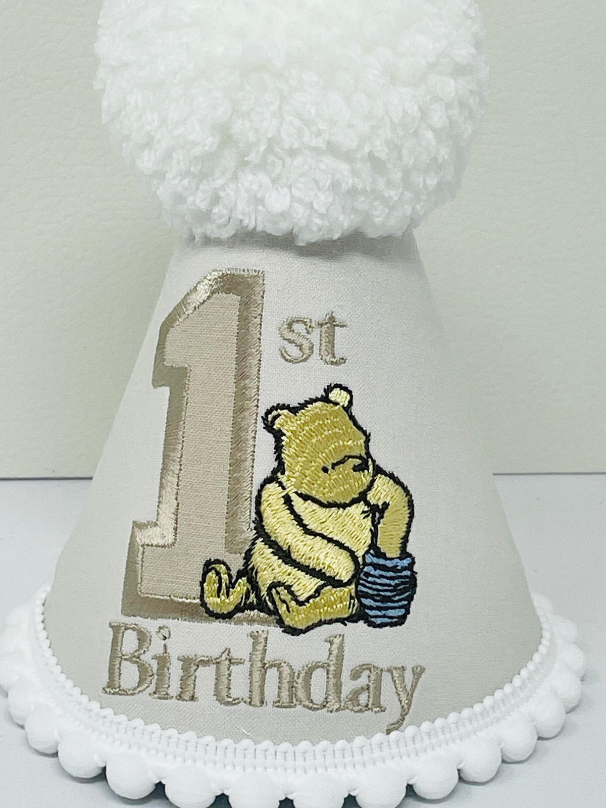 Personalised Classic Bear Birthday Hat – Cream Embroidered Keepsake
