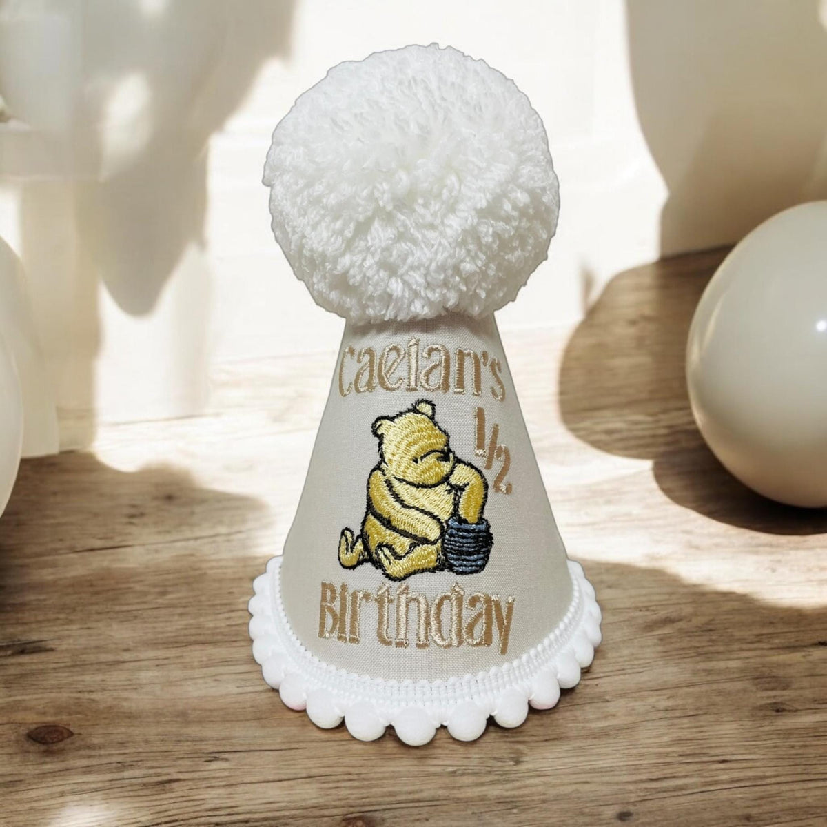 Personalised Classic Bear Birthday Hat – Cream Embroidered Keepsake