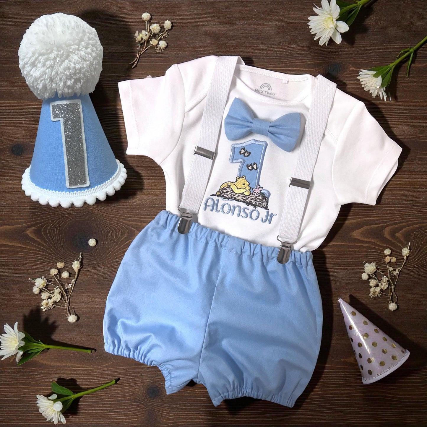 Vintage Style Winnie the Pooh Baby Outfit: Blue 1st Birthday Cake Smash Set