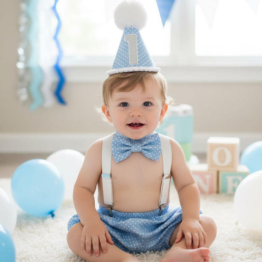 Baby Boy Polka Dot Cake Smash Outfit – Blue Bloomers & Bow Tie