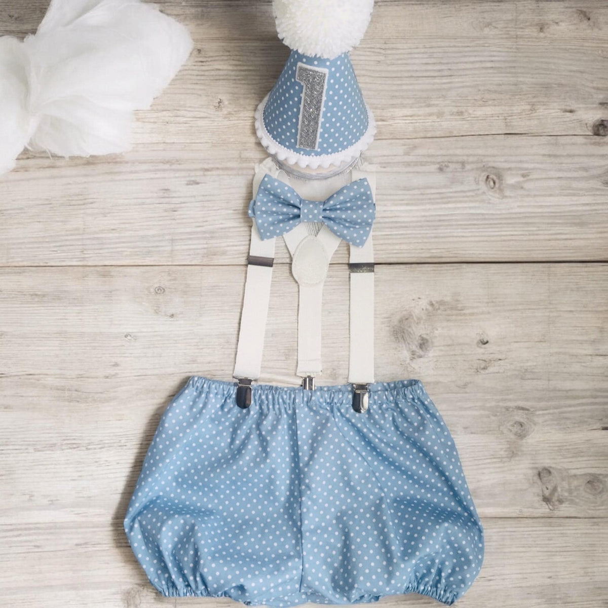Baby Boy Polka Dot Cake Smash Outfit – Blue Bloomers & Bow Tie