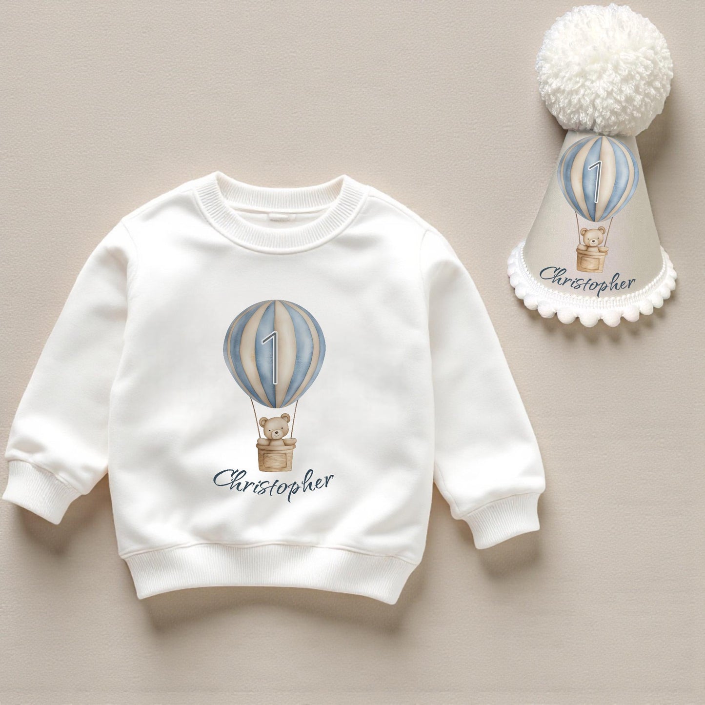 Personalised Hot Air Balloon First Birthday Sweatshirt & Party Hat Set