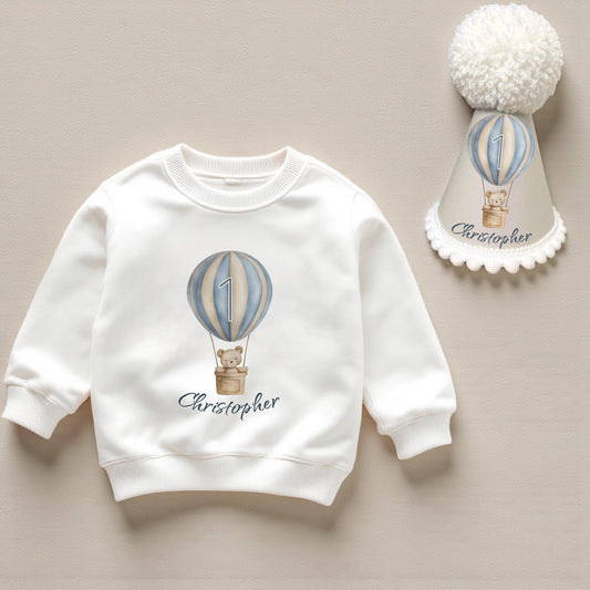 Personalised Hot Air Balloon First Birthday Sweatshirt & Party Hat Set