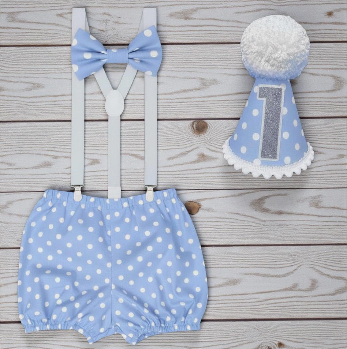 Baby Blue Polka Dot Cake Smash Outfit – Boys 1st Birthday Set