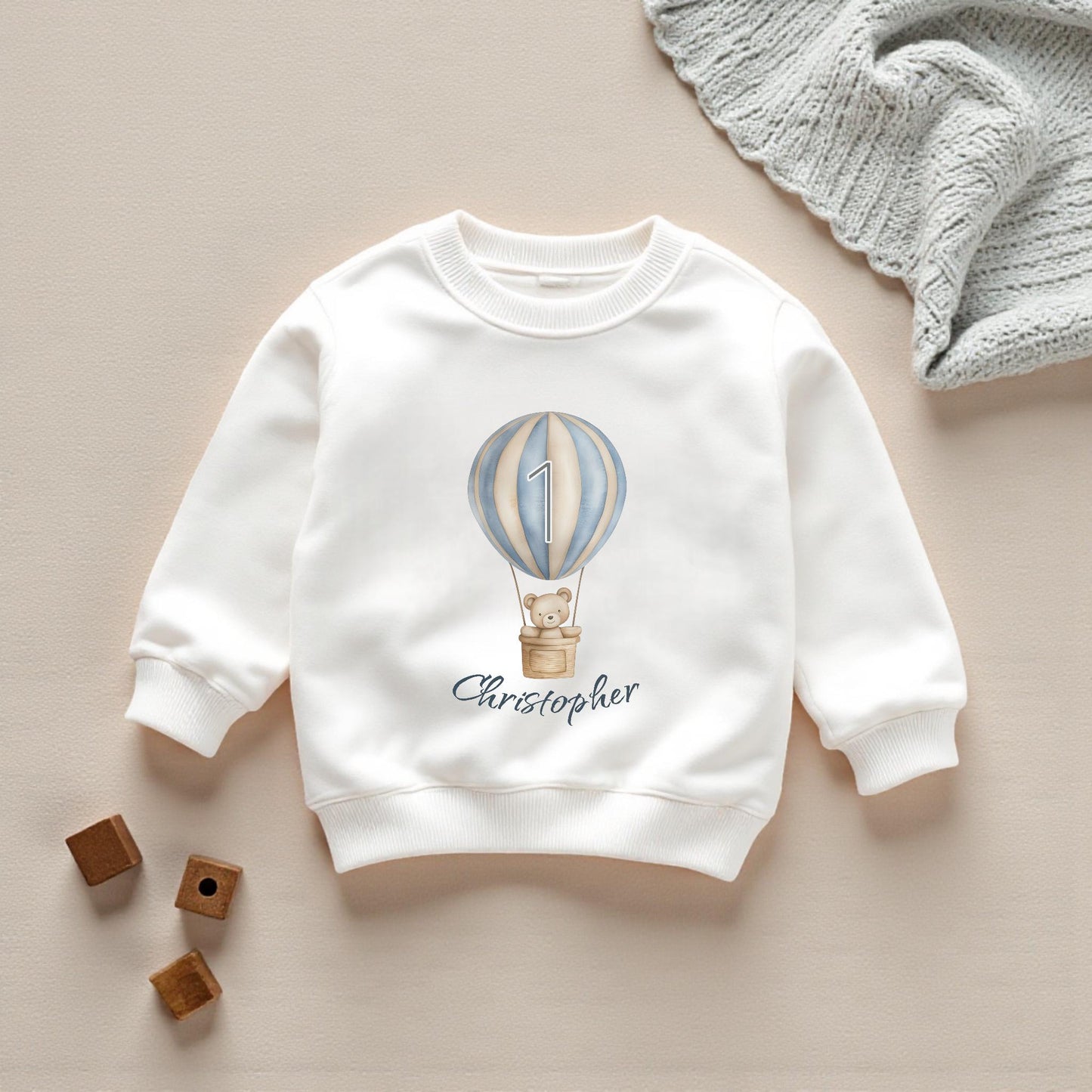 Personalised Hot Air Balloon First Birthday Sweatshirt & Party Hat Set