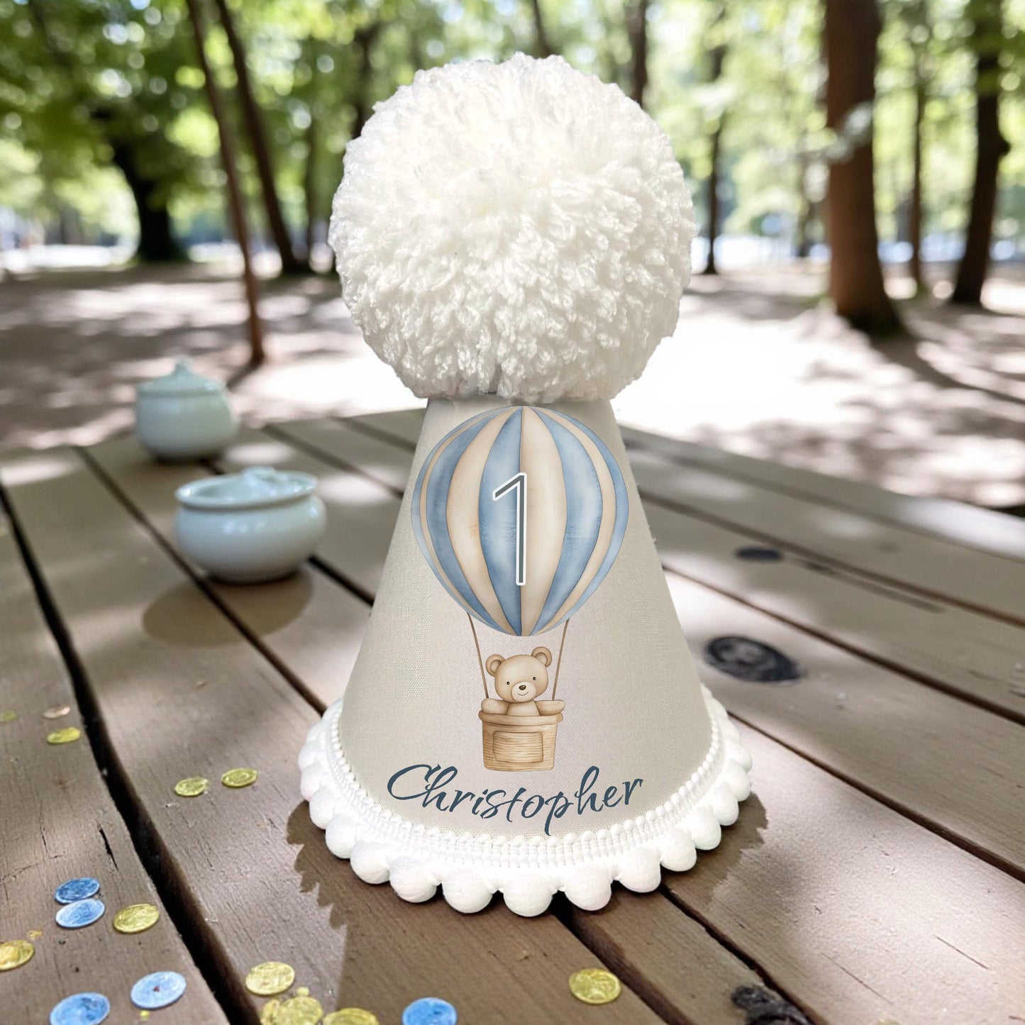 Personalised Hot Air Balloon First Birthday Sweatshirt & Party Hat Set