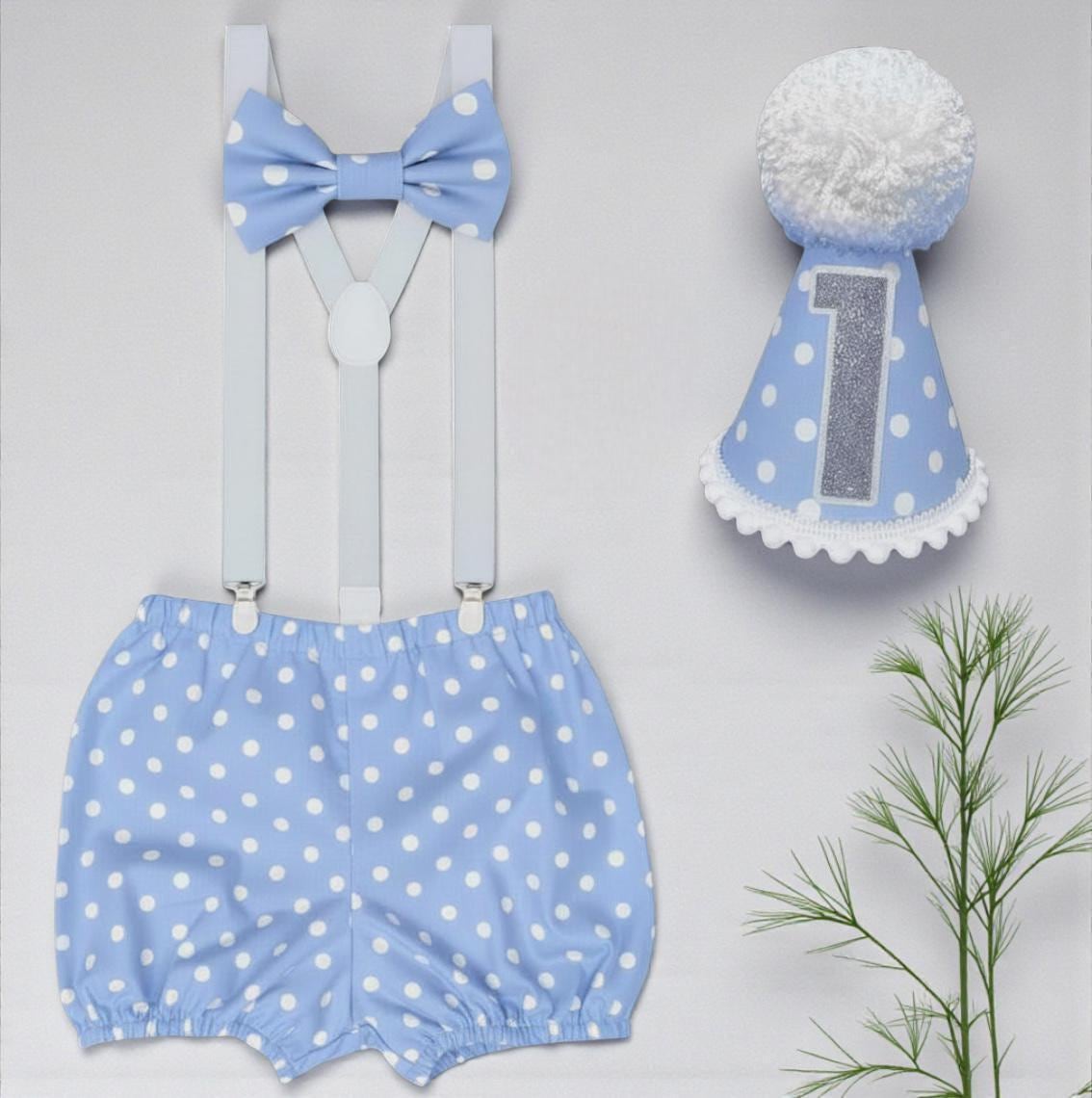 Baby Blue Polka Dot Cake Smash Outfit – Boys 1st Birthday Set
