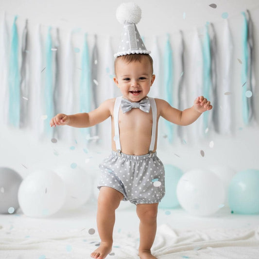 Grey Polka Dot Cake Smash Outfit – Boys 1st Birthday Set