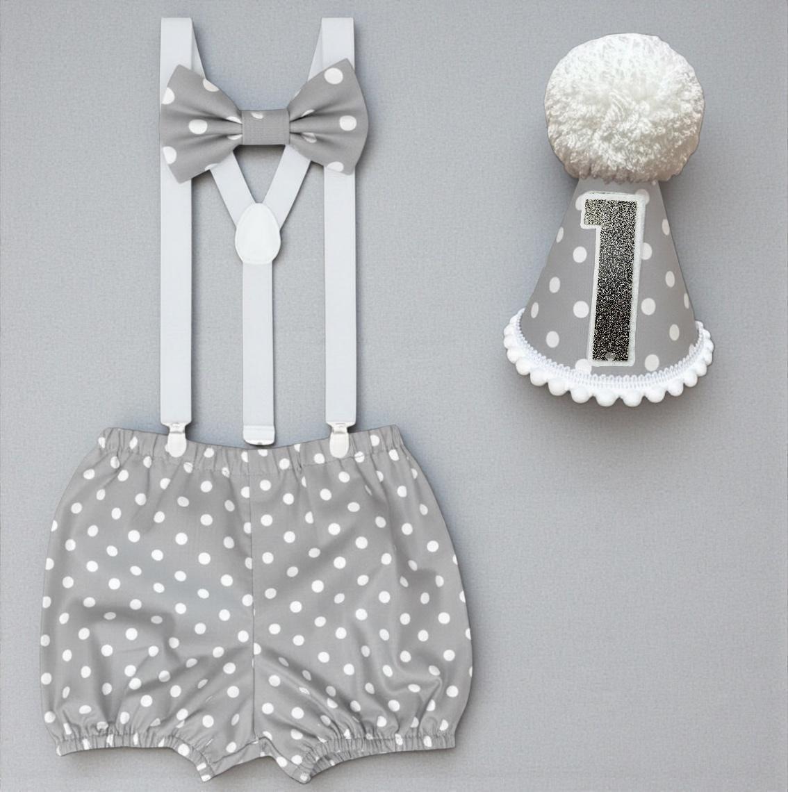 Grey Polka Dot Cake Smash Outfit – Boys 1st Birthday Set