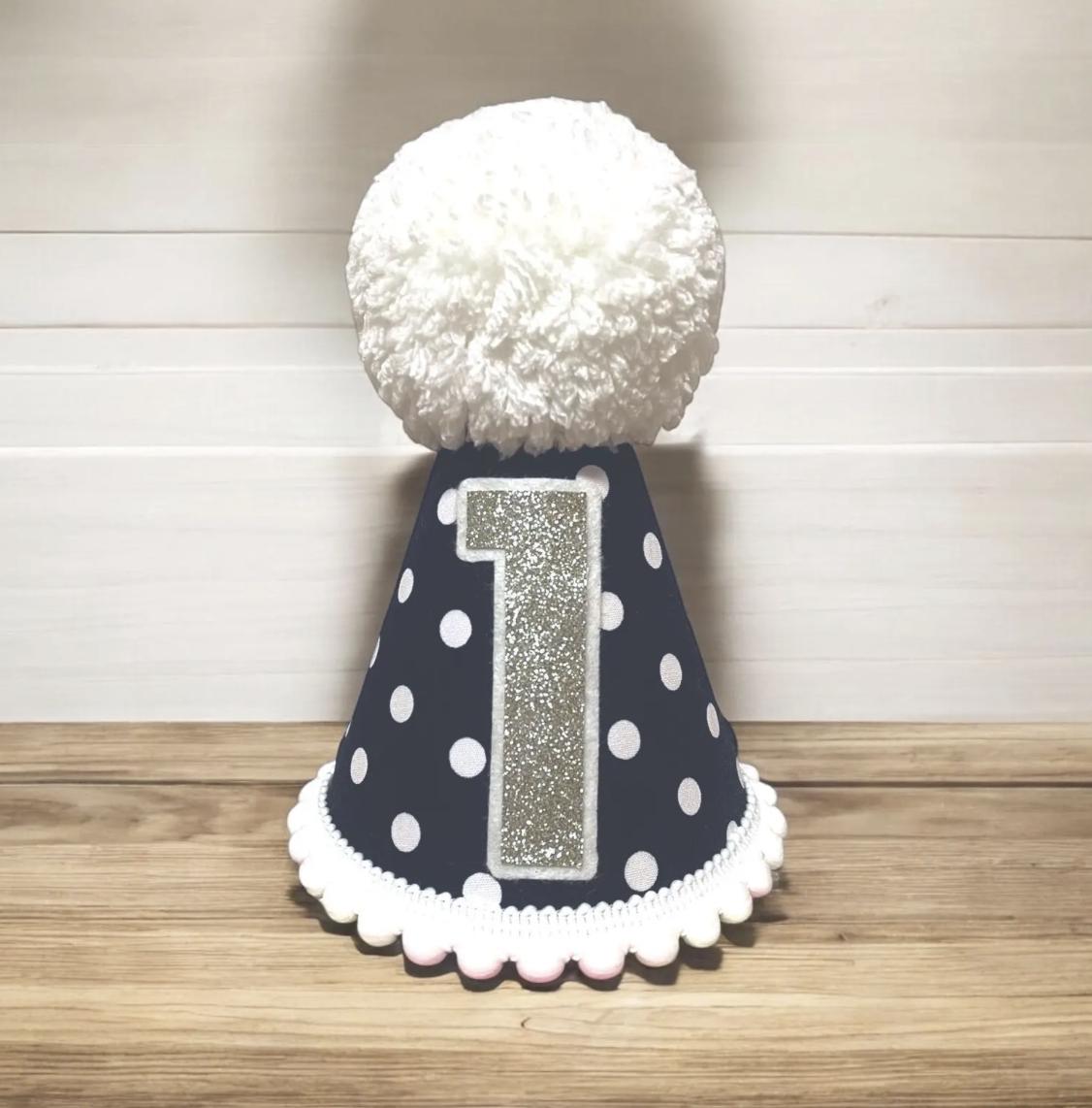 Navy Polka Dot First Birthday Hat – Handmade Glitter Number Party Hat