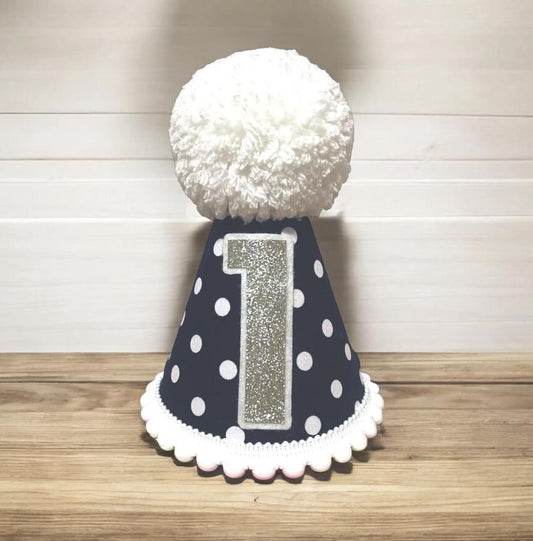 Navy Polka Dot First Birthday Hat – Handmade Glitter Number Party Hat