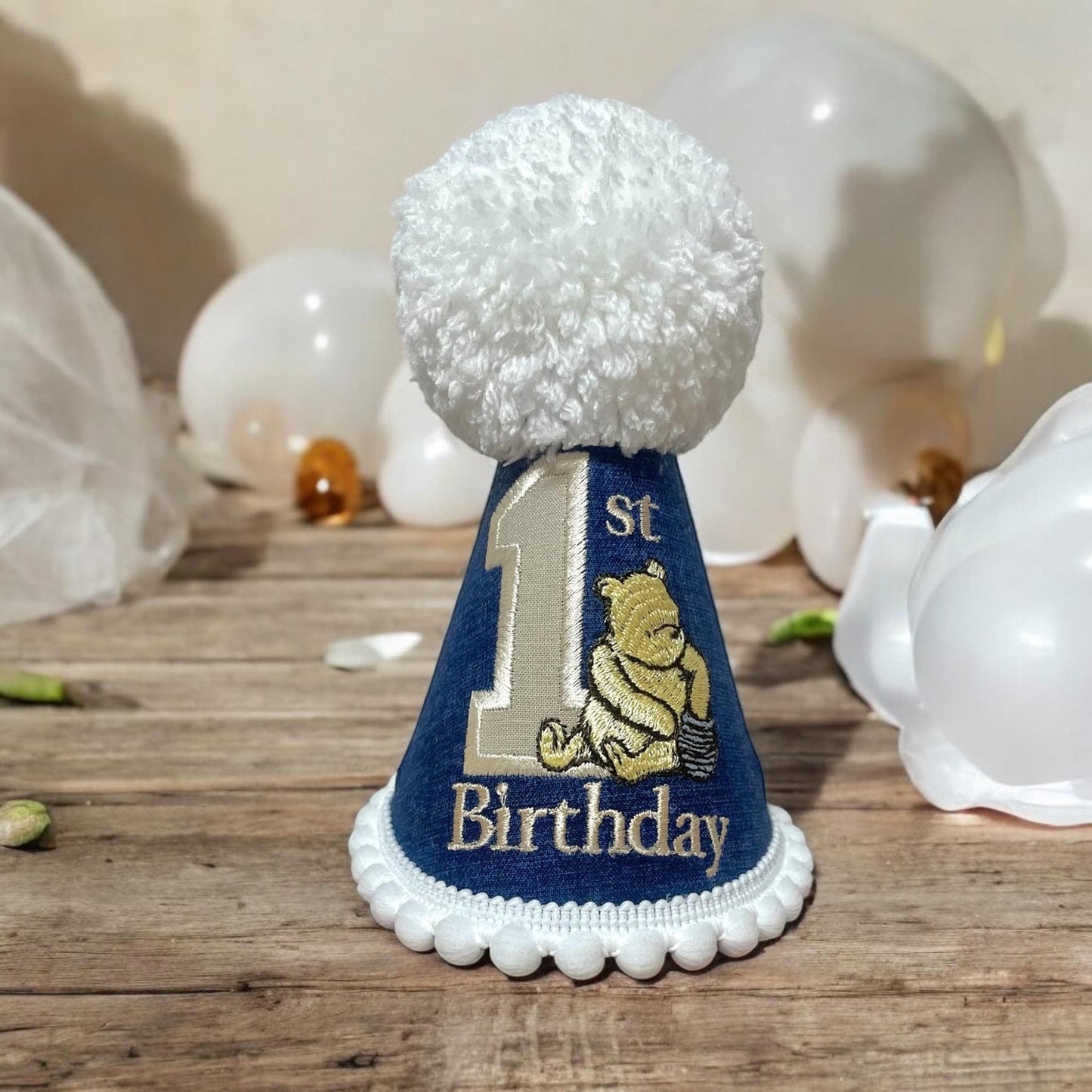 Classic Bear Embroidered Navy Party Hat – Personalised 1st Birthday Keepsake Gift