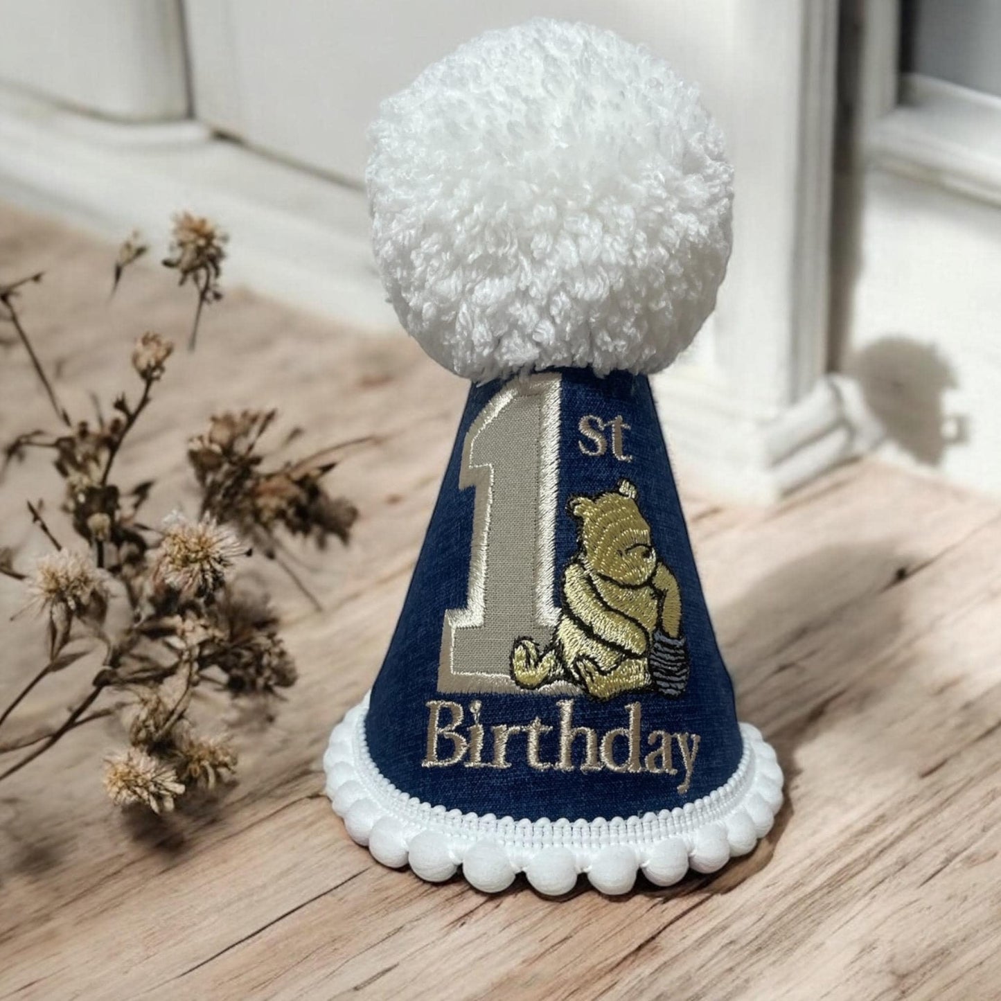 Classic Bear Embroidered Navy Party Hat – Personalised 1st Birthday Keepsake Gift