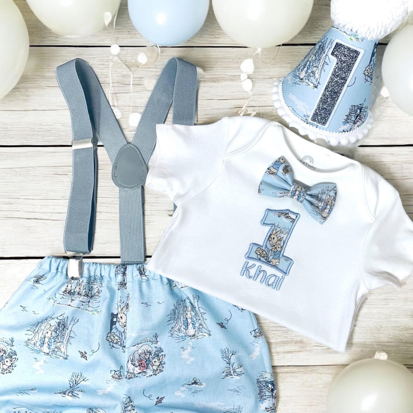 Playful Rabbit Blue Birthday Outfit – Personalised/Personalized Baby Cake Smash Set